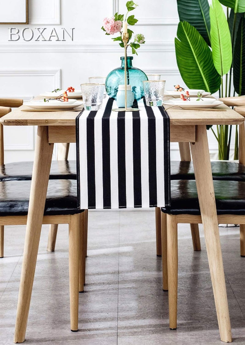 BOXAN Classic Black and White Striped Table Runner, Modern Stripes Pattern Elegant Cotton Canvas Table Top Decor for Art Deco Wedding, Bridal Shower, Bachelorette Party Decorations, 12" x 72" - Image 3